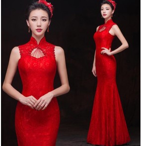 Red turtle neck cheongsam long length beaded mermaid lace sleeveless bandage back women's fashion wedding party bridesmaid bride gown evening dresses vestidos for ladies